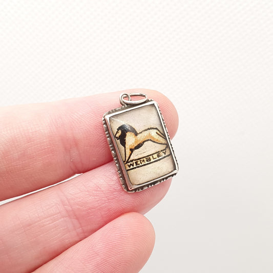 Antique Sterling Silver WEMBLEY Pendant Necklace Hand Painted Lion Mother of Pearl London Football Art Deco England 1920s Vintage Womens