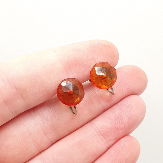 Antique Solid Silver Amber Earrings Art Deco 1920s Vintage Baltic Faceted Genuine Real Screw Back Gemstone Round Womens Jewelry Jewellery