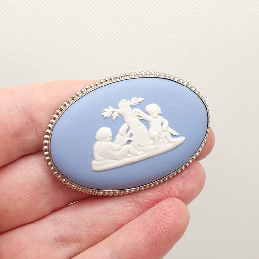 Vintage Sterling Silver Wedgwood Brooch Pin Large Big Sky Blue Jasperware Genuine Josiah Wedgwood Round 925 Womens Jewelry Jewellery