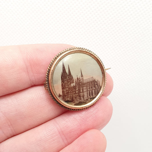 Antique Rolled Rose Gold Cathedral Brooch Picture Photo Pin Gold Filled Church Catholic Christian Pilgrimage Vintage Jewelry Jewellery