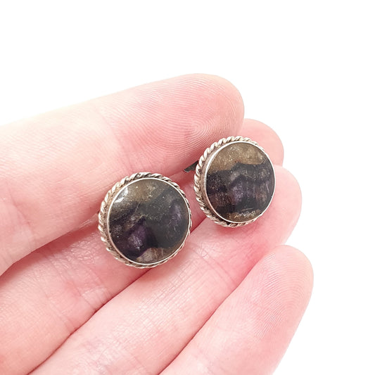 Antique Blue John Sterling Silver Earrings Rare Art Deco Cabochon Screw Back 1920s Bleu Jaune Womens Vintage 925 Gemstone Jewelry Jewellery