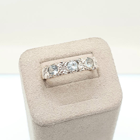 Vintage 9ct 9k Gold Aquamarine Ring Diamond Set Stacker Stacking Sparkly Sky Blue Solid 375 Round Cut Retro Ladies Womens Jewelry Jewellery