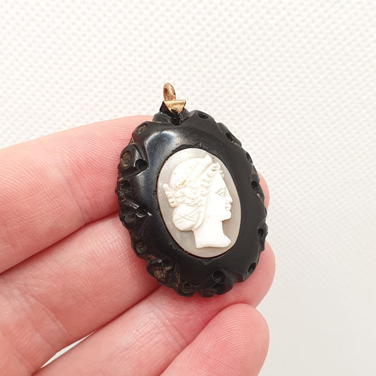 Antique Victorian Whitby Jet Cameo Pendant Necklace Genuine Shell Large Big Hand Carved Mourning Large 1800s Vintage Jewelry Jewellery