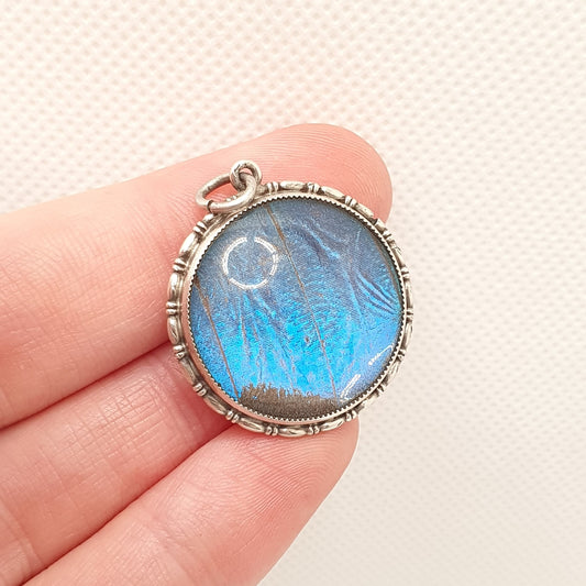 Antique Sterling Silver Butterfly Wing Necklace Pendant Large Big Art Deco Round Vintage 1920s Blue Bug Fly Insect Jewelry Jewellery Womens