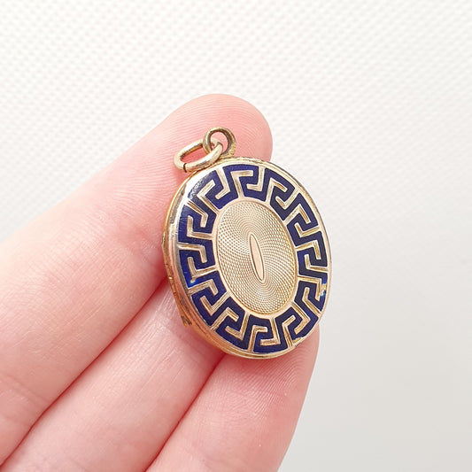Antique Victorian 9ct 9k Gold Locket Greek Key Blue Enamel Necklace Pendant Solid Back & Front Deep Engraving Picture Jewelry Jewellery