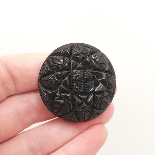 Antique Victorian Whitby Jet Brooch Star Flower Large Big Mourning Gothic High Relief Engraved Pattern Vintage Womens Jewelry Jewellery