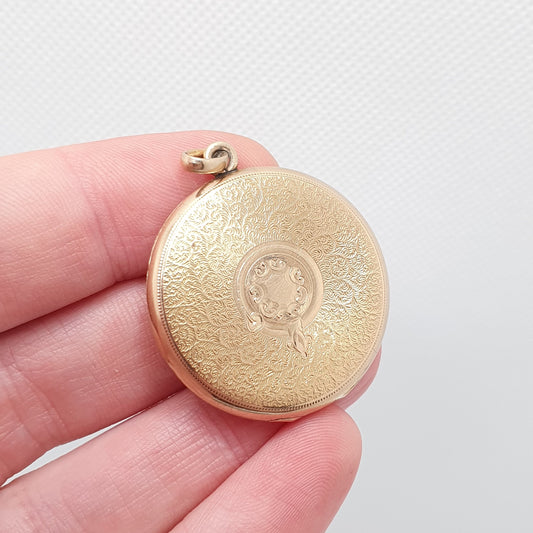 Antique Gold Shell ELGIN Locket Necklace Pendant Cased Thick Rolled Gold Filled Round Circle Vintage 1900s Womens Ladies Jewellery Jewelry