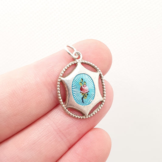 Antique CHARLES HORNER Sterling Silver Enamel Pendant Necklace Sky Blue Flower Champleve Art Nouveau Vintage Jewelry Genuine Jewellery