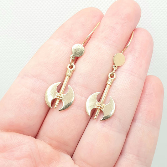 Vintage 14k 14kt Gold Axe Earrings Hook Dangle Viking Battle Axe Solid 585 Military Throwing Weapon Medieval Jewelry Womens Jewellery