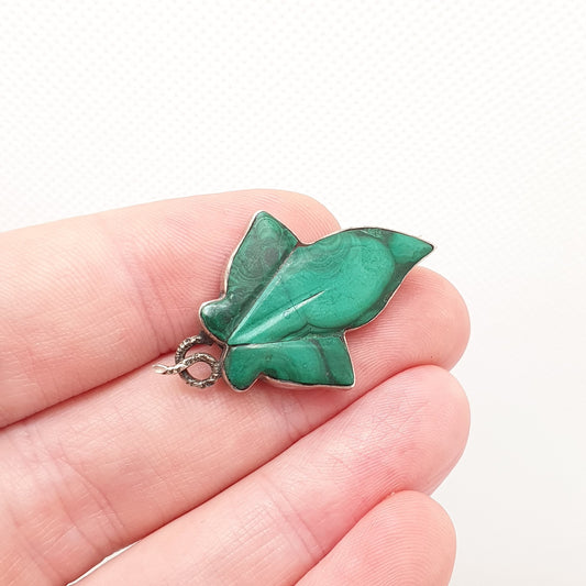 Antique Victorian Malachite Solid Silver Brooch Ivy Leaf Shape Irish Green Gemstone Banded Large Old Vintage Ladies Womens Jewelry Jewellery