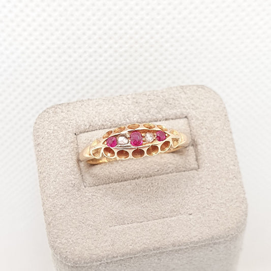 Antique 18ct 18k Gold Ruby & Diamond Ring Solid 750 1908 Hallmarked Edwardian 5 Stone Gypsy Fine Estate Art Nouveau Womens Jewelry Jewellery