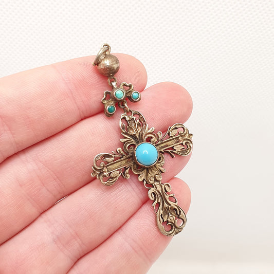 Antique Austro Hungarian Solid Silver Turquoise Crucifix Pendant Victorian Cross Necklace Gold Gilt Large Orante Womens Jewelry Jewellery