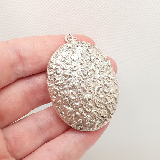 Antique Victorian Solid Silver Locket Shell & Flower Embossed Large Big Oval Pendant Picture Seashell 1800s Vintage Womens Jewelry Jewellery