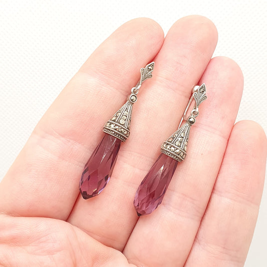 Antique Solid Silver Amethyst Paste Teardrop Earrings Art Deco Faceted Marcasite Crystal Vintage 1920s  Womens Ladies Jewelry Jewellery