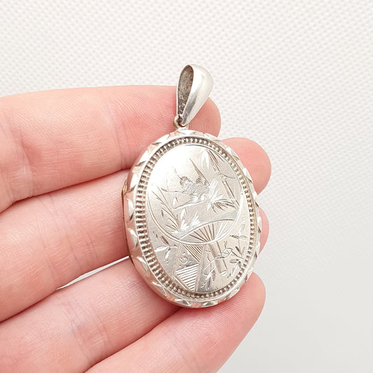 Antique Victorian Sterling Silver Locket Bird Engraved Geometric Pendant Picture Photo Etruscan Stepped Vintage Womens Jewelry Jewellery