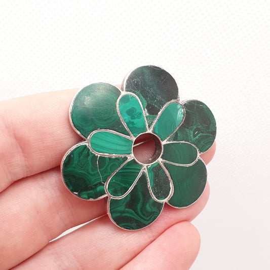 Antique Victorian Malachite Solid Silver Brooch Scottish Style Large Big Flower Big Banded Green Gemstone Vintage Womens Jewelry Jewellery