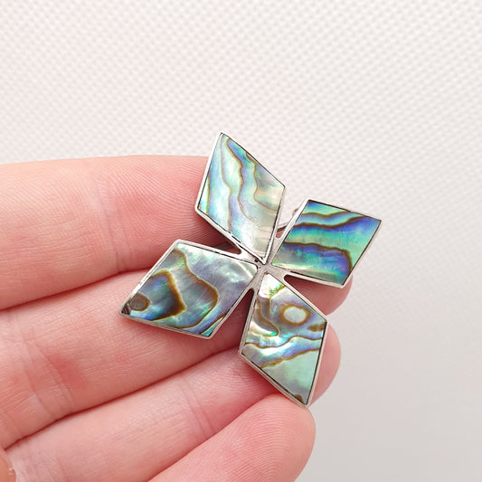 Antique Sterling Silver Abalone Cross Star Brooch Pin New Zealand Shell Mother of Pearl Medal Rainbow Iridescent Womens Jewelry Jewellery