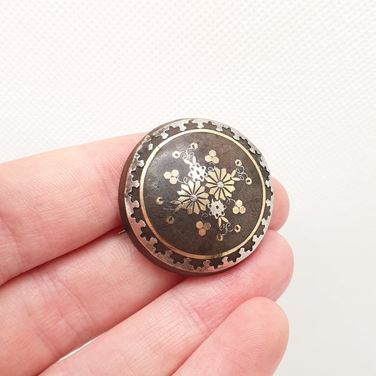 Antique Victorian Pique Brooch Flower Gold & Silver Inlay Dome Shield Round Circle 1800s Vintage Women Ladies Jewelry Jewellery