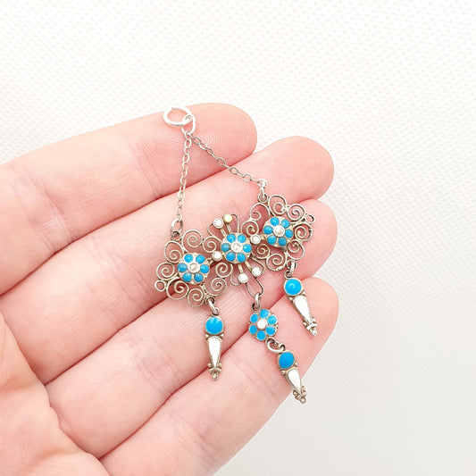 Antique Sterling Silver Enamel Tassel Pendant Scandiavian Filigree Necklace Arts and Crafts Forget Me Not Vintage Womens Jewelry Jewellery