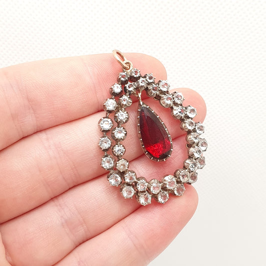 Antique Victorian Solid Silver Garnet & Diamond Paste Pendant 9ct 9k Gold Necklace Pear Cut Fine Estate Sparkly Mid 1800s Jewellery Jewelry