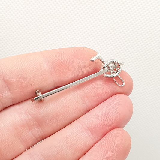 Old Vintage Sterling Silver Riding Crop Cane & Horseshoe Brooch bar Pin Lucky Sweetheart Horse Riding Good Luck Jewelry Jewellery Vintage