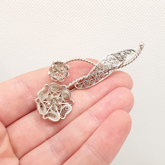 Old Vintage Solid Silver Flower Filigree Brooch Scandinavian Norwegian Norway 830S Large Big Spray Handmade Womens Jewelry Jewellery