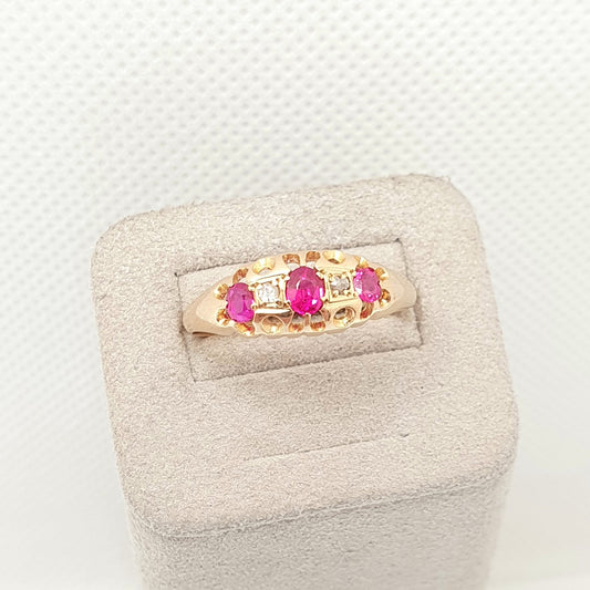 Antique 18ct 18k Gold Ruby & Diamond Ring Vintage Solid 750 Gypsy Trilogy 3 Stone Gemstone Yellow Art Nouveau Womens Jewelry Jewellery