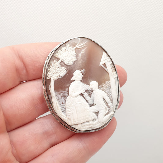 Antique Solid Silver Victorian Cameo Brooch Man Proposing Proposal Large Big Rare 1800s Genuine Shell Fine Unique Carved Vintage Womens