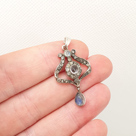 Antique Solid Silver Moonstone Necklace Pendant Diamond Paste Edwardian Amethyst Rare Fine Gemstone Adularescence Womens Jewelry Jewellery