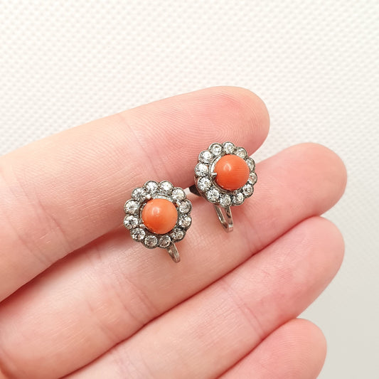 Antique Sterling Silver Coral Diamond Paste Earrings SCP Ciro Art Deco 1920s Screw Back Vintage Real Genuine Gemstone Jewelry Jewellery