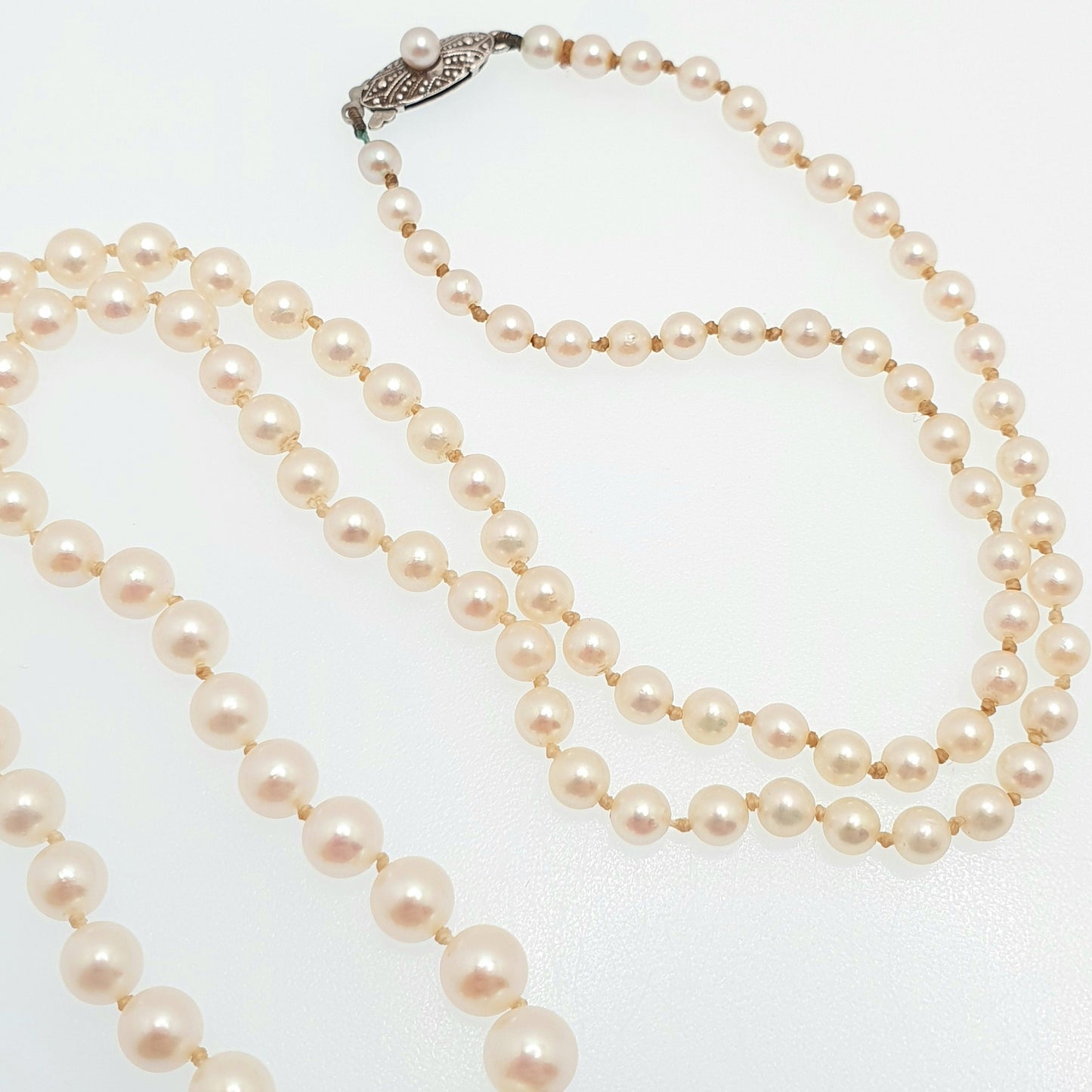 Vintage MIKIMOTO Pearl Necklace Sterling Silver Clasp Cultured Japanese Long 54cm 21.2" 13.70g Genuine Real Fine Womens Jewelry Jewellery