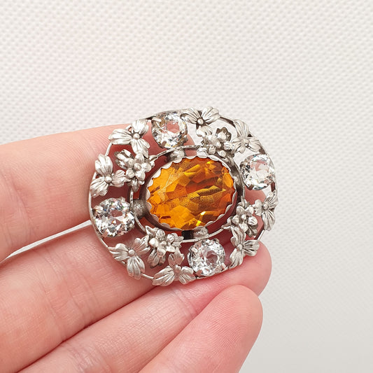 Antique Solid Silver Citrine Paste Brooch Bernard Instone Style Diamond Pastes Art Nouveau Large Big Flower Oval Cut Vintage Jewelry