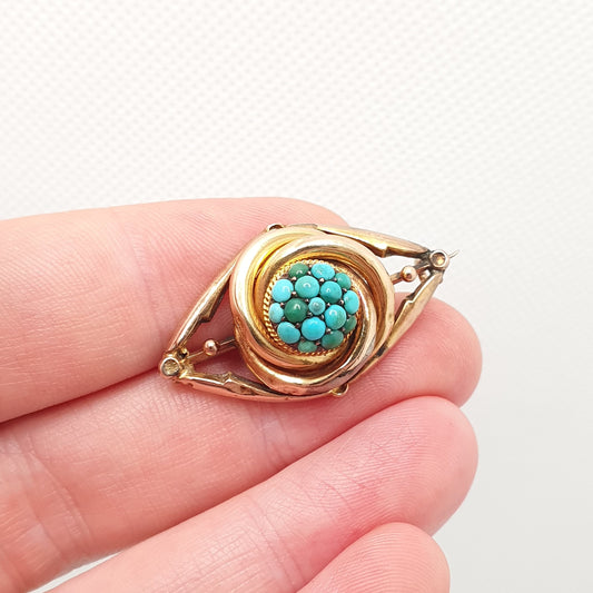 Antique Victorian 9ct Gold Turquoise Brooch Forget Me Not Knot Solid 9k 735 Genuine Gemstone Eye Ellipse 1800s Vintage Jewelry Jewellery