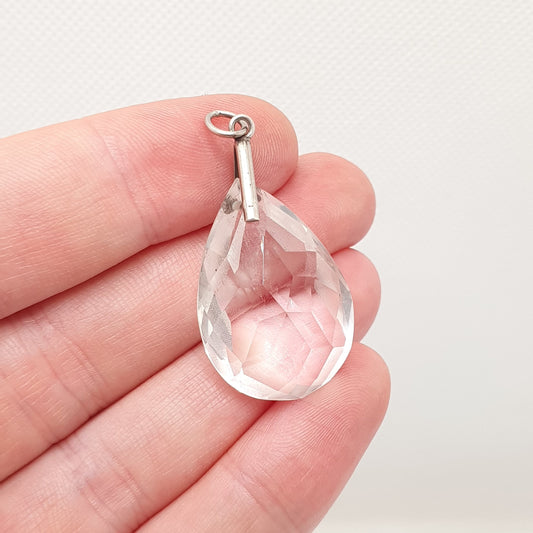 Antique Rock Crystal Quartz Solid Silver Pendant Necklace Art Deco Large Big Faceted 1920s Gemstone Clear Style Womens Jewelry Jewellery