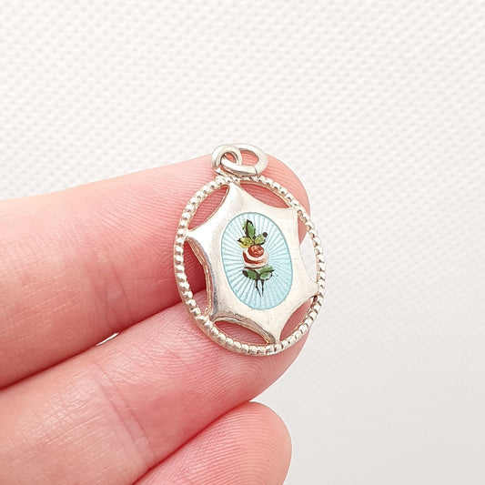 Antique Sterling Silver CHARLES HORNER Pendant Enamel Necklace Sky Blue Flower Champleve Art Nouveau Vintage Jewelry Genuine Jewellery