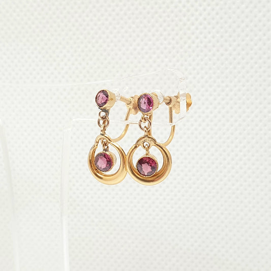 Antique 9ct 375 Gold Garnet Earrings Edwardian Target Pink Purple Real Genuine Solid 9k Screw Back Womens Vintage Jewelry Jewellery Bead