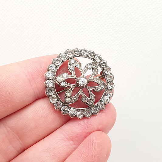 Antique Georgian Paste Solid Silver Star Brooch Old Cut Shape Foiled Diamond Pastes Moon Stars Solid Backed Vintage Ladies Womens Jewelry