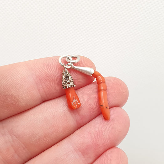 Antique Victorian Coral Hand Fist Snake Necklace Pendant Charm Solid Silver Rare Fine Genuine Real Vintage Womens Jewelry Jewellery