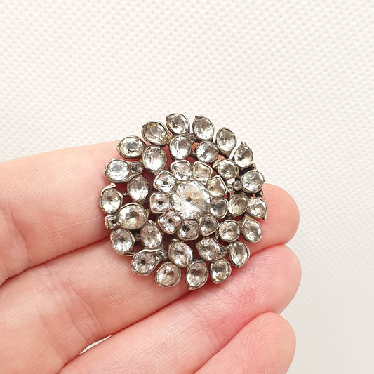 Antique Georgian Black Dot Paste Solid Silver Brooch Old Cut Shape Foiled Diamond Pastes Solid Backed Vintage Womens Jewelry Jewellery