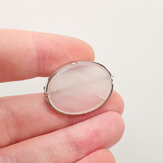 Antique Victorian Solid Silver White Chalcedony Brooch Quartz Agate Specimen Oval Genuine Gemstone 1800s Vintage Jewelry Jewellery