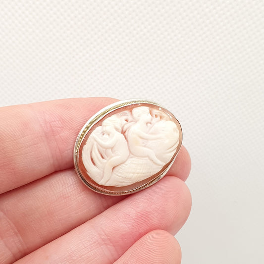 Antique Solid Silver Cherub Cameo Brooch 2 Two Angels Hand Carved Shell Rare Unique Unusual Italian Vintage Ladies Womens Jewelry Jewellery