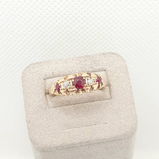 Antique 18ct 18k Gold Ruby & Diamond Ring Solid 750 1907 Chester Hallmark Edwardian 5 Stone Gypsy Art Nouveau Womens Jewelry Jewellery