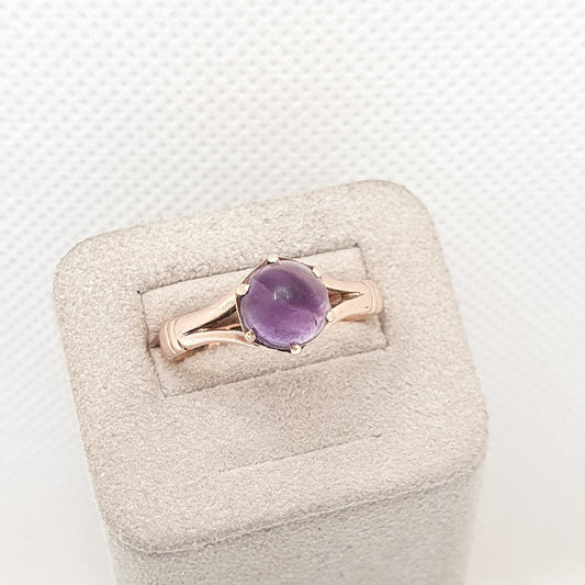 Antique 9ct 9k Rose Gold Amethyst Ring 1913 Hallmarked Solitaire Cabochon Solid 375 Genuine Gemstone Vintage 1910s Womens Jewelry Jewellery