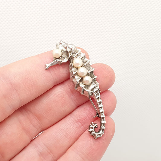 Vintage MIKIMOTO Seahorse Brooch Pearl Sterling Silver Cultured White Lustre Genuine Japanese Real Gift Fine Estate Womens Jewelry Jewellery