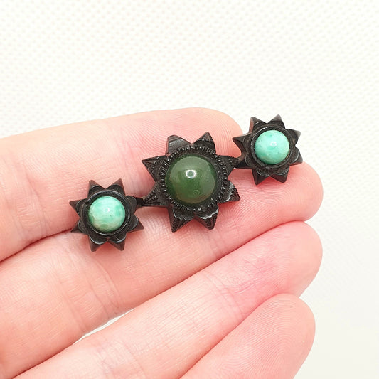 Antique Whitby Jet Star Brooch Nephrite New Zealand Jade & Peking Glass Finely Carved Mourning Stars Jewelry Jewellery Womens Vintage