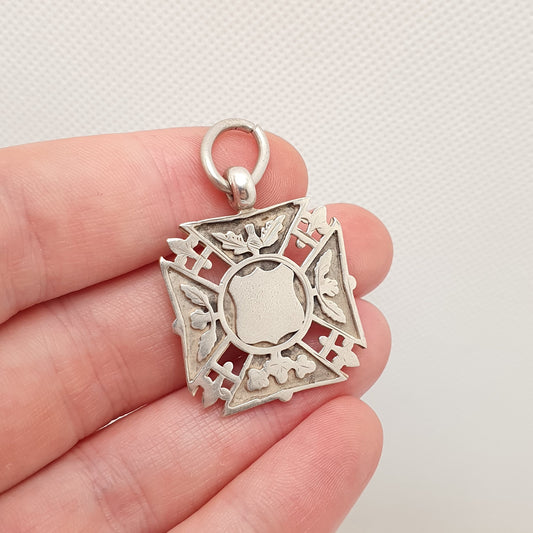 Antique Sterling Silver Albert Shield Fob Pendant Maltese Cross 1905 Hallmarked Necklace Big Large Pocket Watch Necklace Jewelry Jewellery