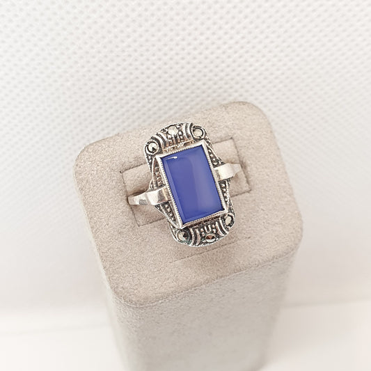 Antique Art Deco Solid Silver Ring Blue Chalcedony Marcasite Cocktail Vintage Quartz Cabochon Gemstone Dome Womens Ladies Jewellery Jewelry