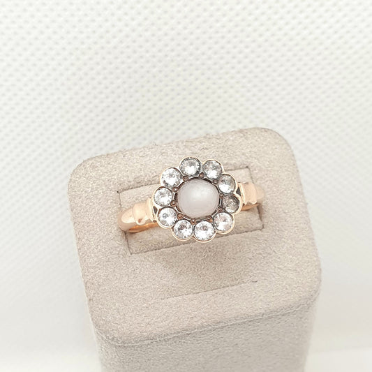 Antique Georgian 18ct 18k Gold Moonstone Ring White Sapphire Cluster Solid 750 Rose Gold Genuine Early 1800s Womens Vintage Jewelry