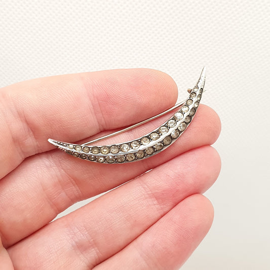 Antique Solid Silver Diamond Paste Crescent Moon Brooch Victorian Sparkly Vintage Ladies Celestial Womens Jewelry Jewellery 1800s Genuine