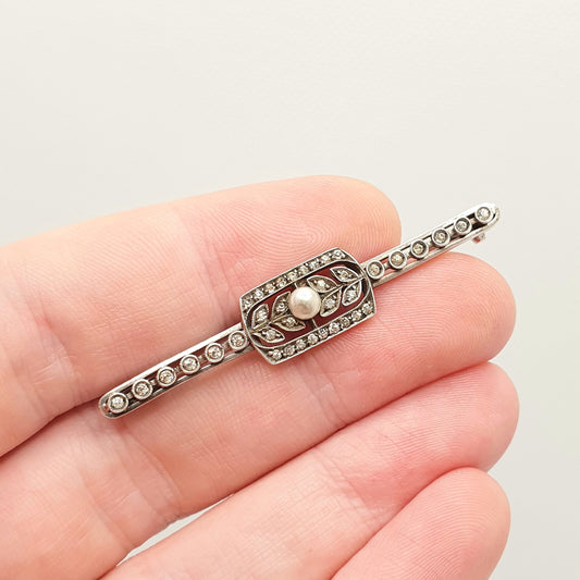 Antique Solid Silver Diamond Paste Brooch Cultured Pearl French Art Deco 1920s Sparkly Foiled Glass Vintage Cute Womens Jewellery Jewellery